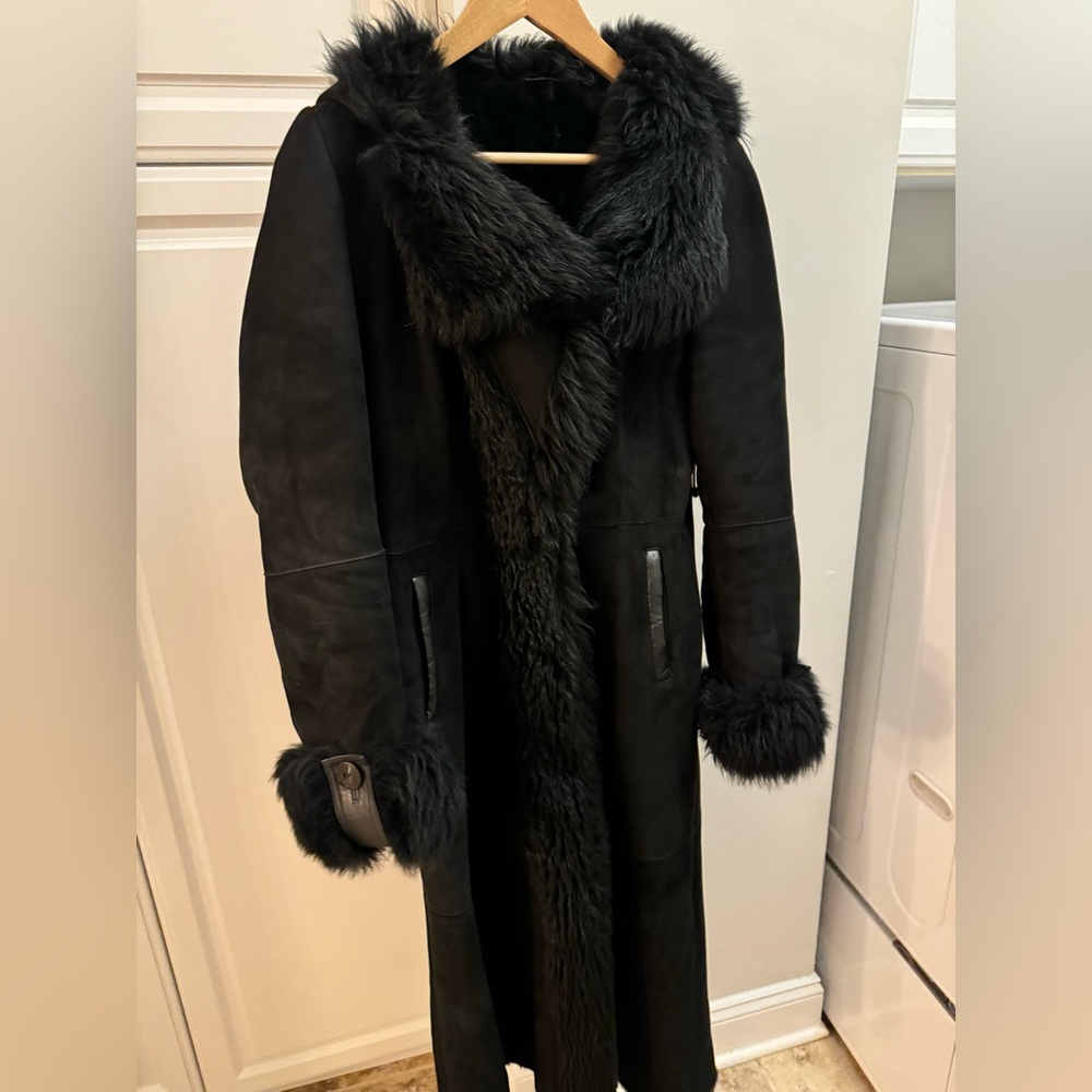 Genuine black suede and shearling coat